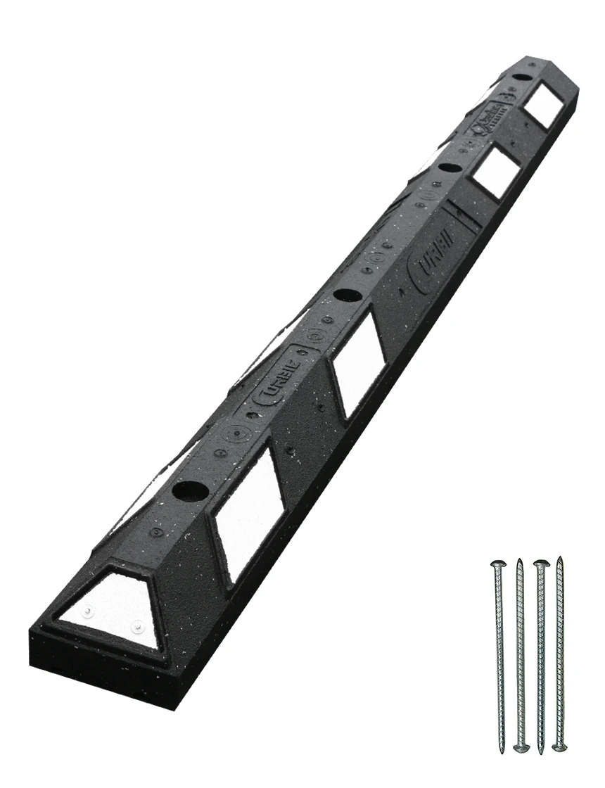 6\u0027 Black \u0026 White Clearline Recycled Rubber Parking Block w/ 14\" Rebar Spikes