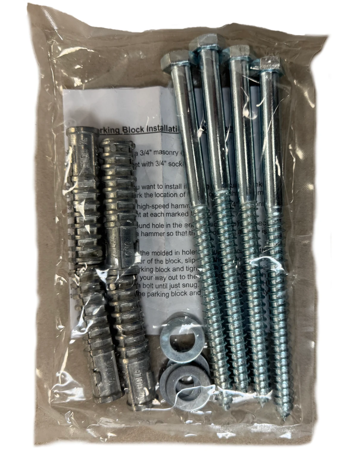 Bag of Four (4) 8\" x 1/2\" Lag Bolts, Anchors \u0026 Washers per Bag for Parking Block Installation