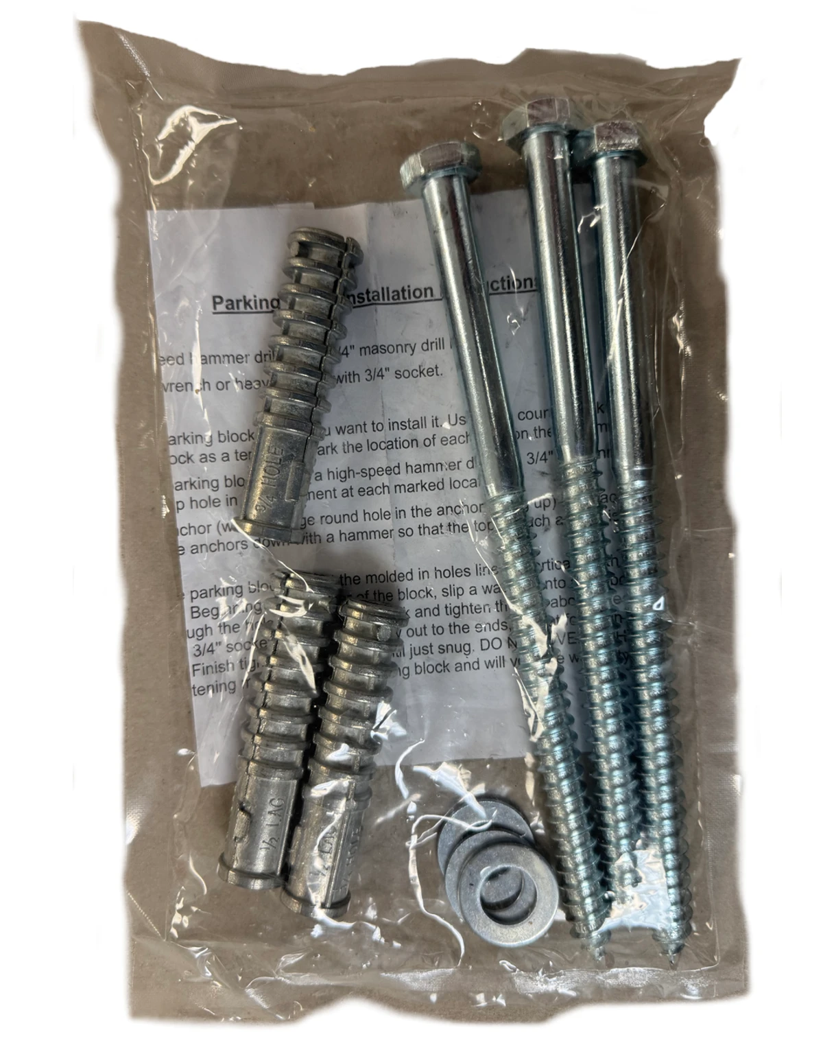 Bag of Three (3) 8\" x 1/2\" Lag Bolts, Anchors \u0026 Washers per Bag for Parking Block Installation