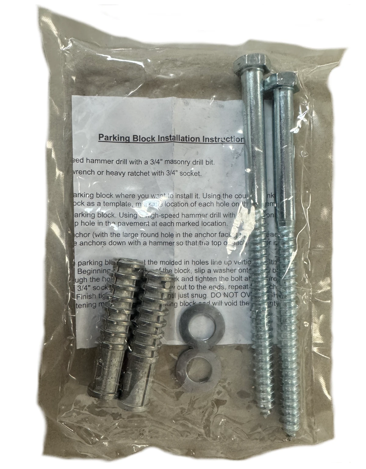 Bag of Two (2) 8\" x 1/2\" Lag Bolts, Anchors \u0026 Washers per Bag for Parking Block Installation