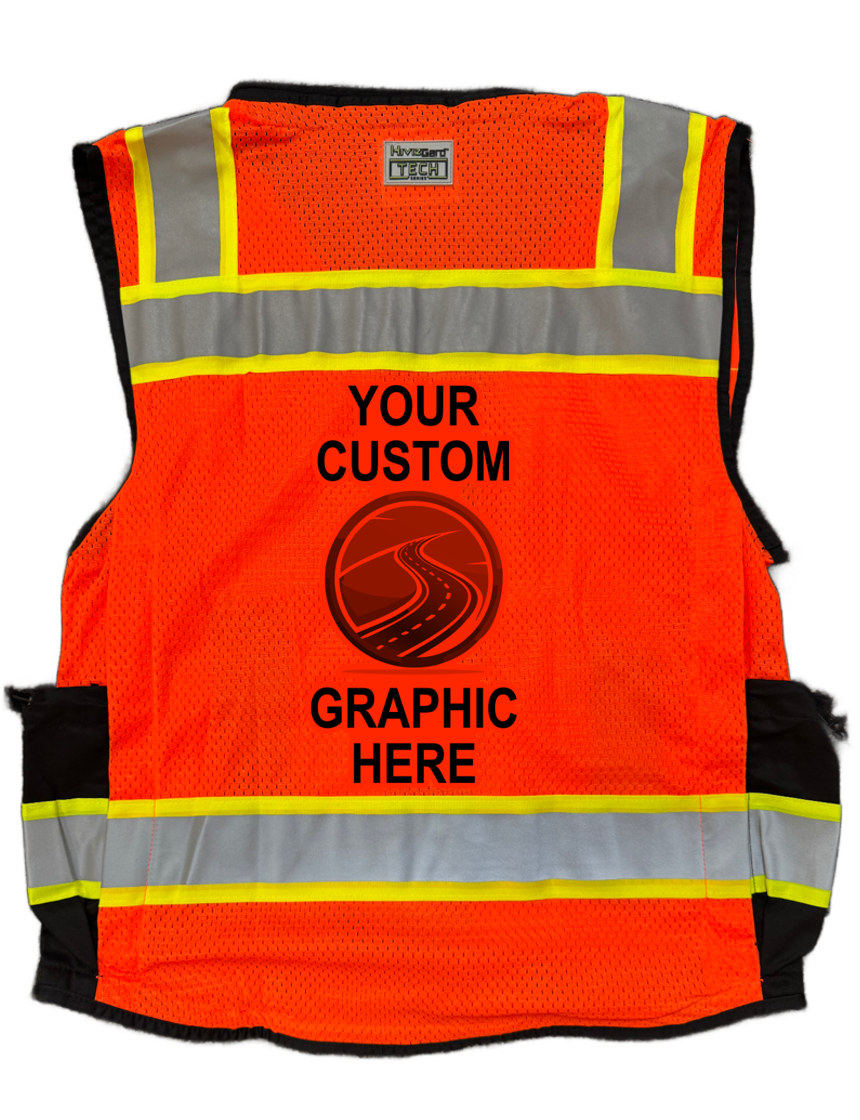 Liberty Hivizgard Tech Series Two Tone, Black Bottom Class 2 Surveyor Vest, Orange, Xl w/ Single Color Custom Graphic