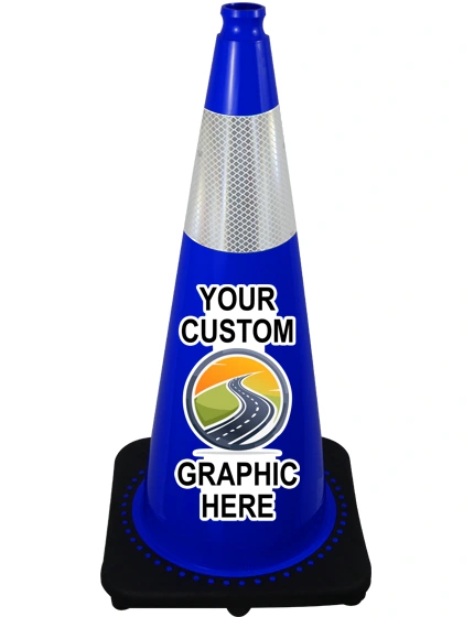 Blue 28\" 7 lbs JBC Black Base Traffic Cone w/ 6\" Reflective Collar w/ Full Color Graphic