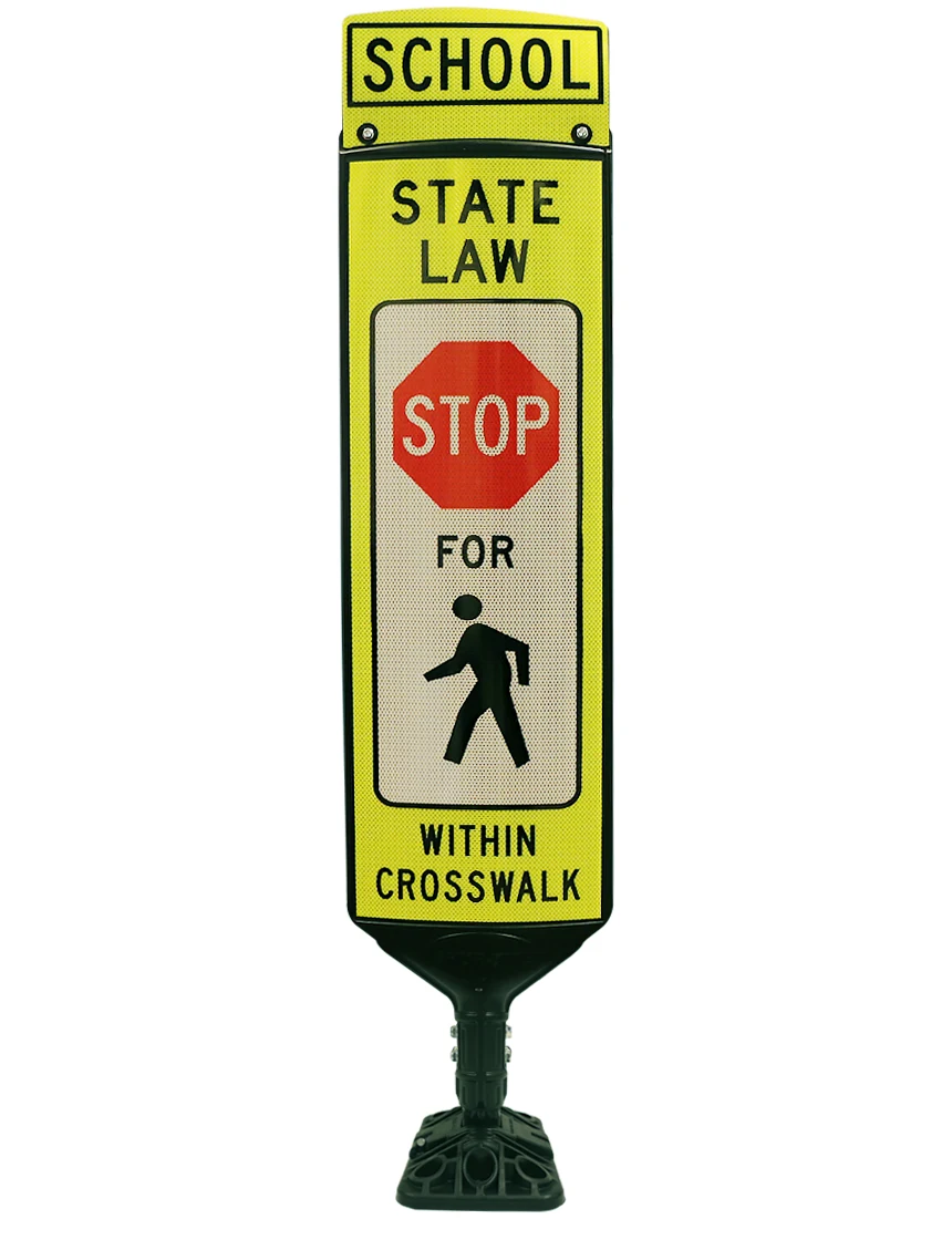 40\" X 12\" Economy, Reboundable, \"School State Law Stop For Pedestrians\", Double Sided, Fixed Mounting Hardware For Asphalt Included
