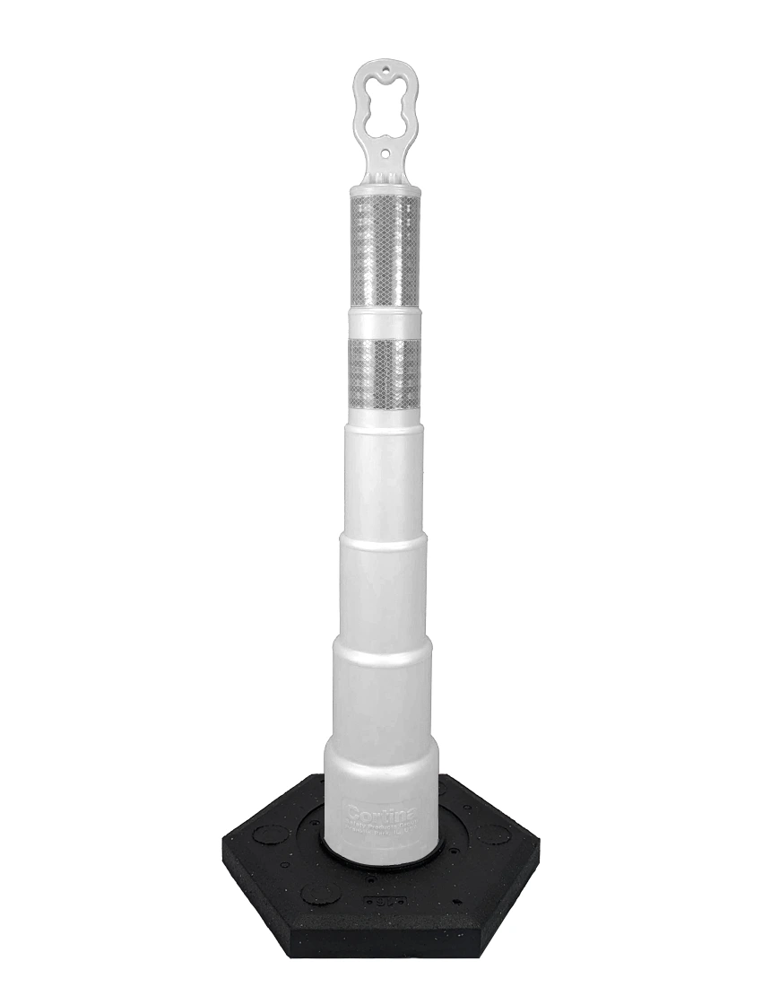 42\" White Ez-Grab Channelizer 16 lbs Base w/ 6\" \u0026 4\" Reflective Collars w/ Single Color Graphic