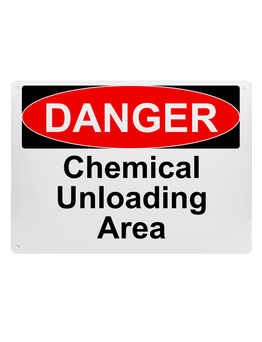 14\" tall x 10\" wide plastic sign with mounting holes, Danger Chemical Unloading Area