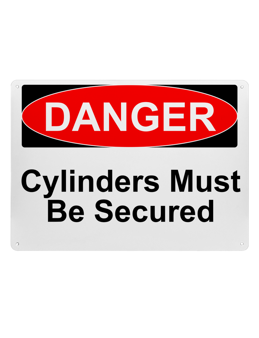14\" tall x 10\" wide plastic sign with mounting holes, Danger Cylinders Must Be Secured