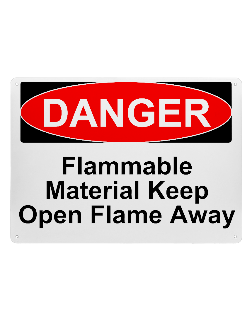 14\" tall x 10\" wide plastic sign with mounting holes, Danger Flammable Material Keep Open Flame Away