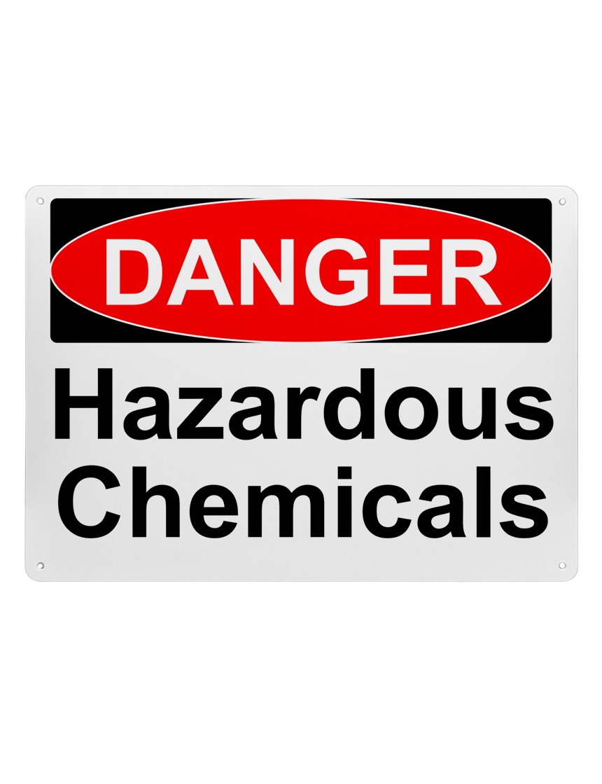 14\" tall x 10\" wide plastic sign with mounting holes, Danger Hazardous Chemicals