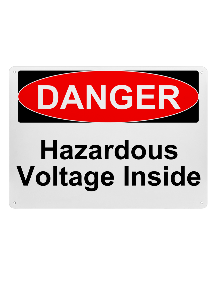14\" tall x 10\" wide plastic sign with mounting holes, Danger Hazardous Voltage Inside