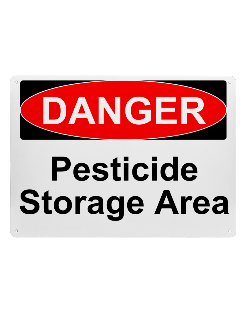 14\" tall x 10\" wide plastic sign with mounting holes, Danger Pesticide Storage Area