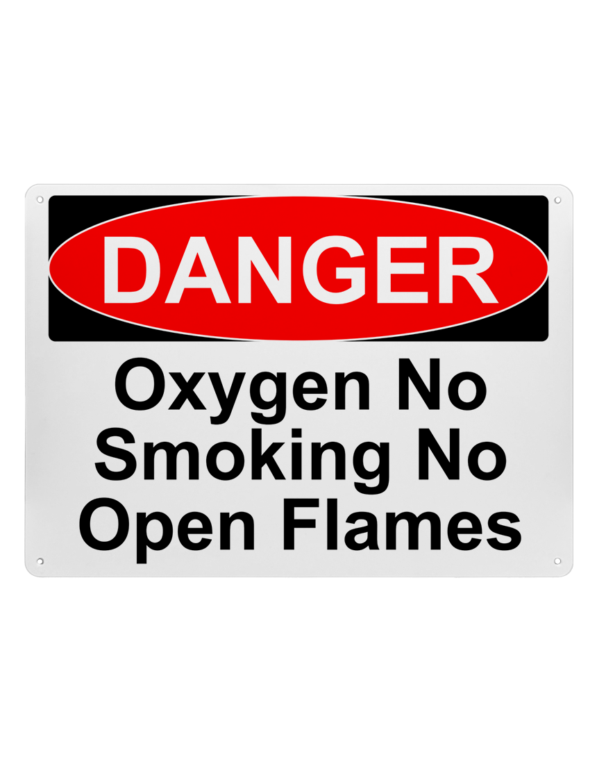 14\" tall x 10\" wide plastic sign with mounting holes, Danger Oxygen No Smoking Open Flame