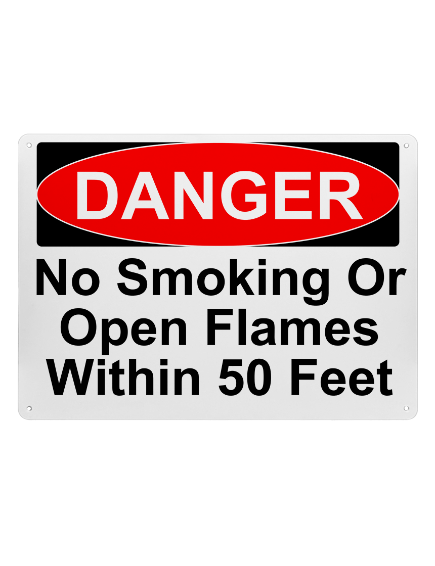 14\" tall x 10\" wide plastic sign with mounting holes, Danger No Smoking Or Open Flames Within 50 Feet