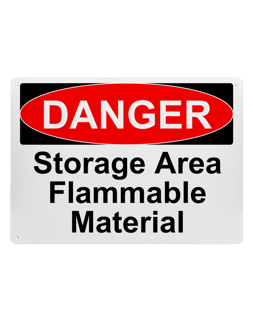 14\" tall x 10\" wide plastic sign with mounting holes, Danger Storage Area Flammable Material