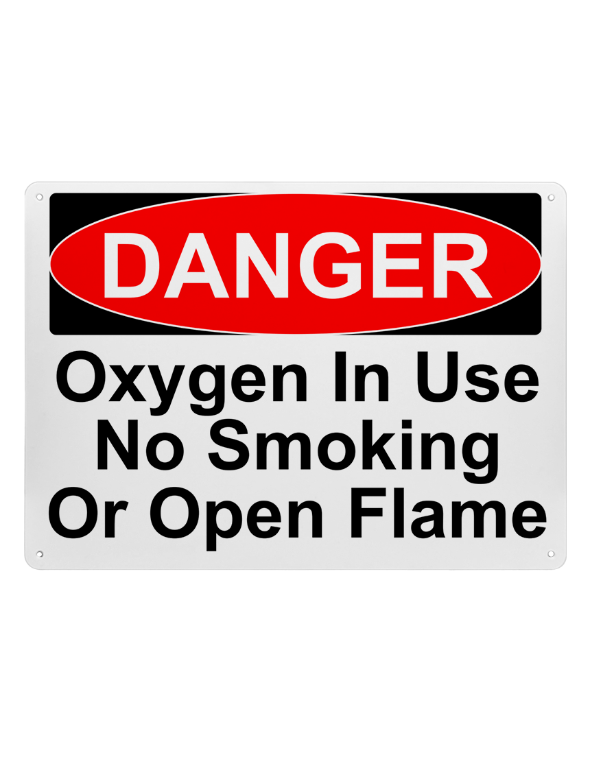 14\" tall x 10\" wide plastic sign with mounting holes, Danger Oxygen In Use No Smoking Or Open Flame