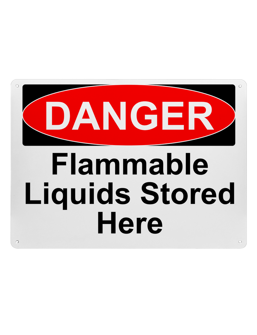 14\" tall x 10\" wide plastic sign with mounting holes, Danger Flammable Liquids Stored Here