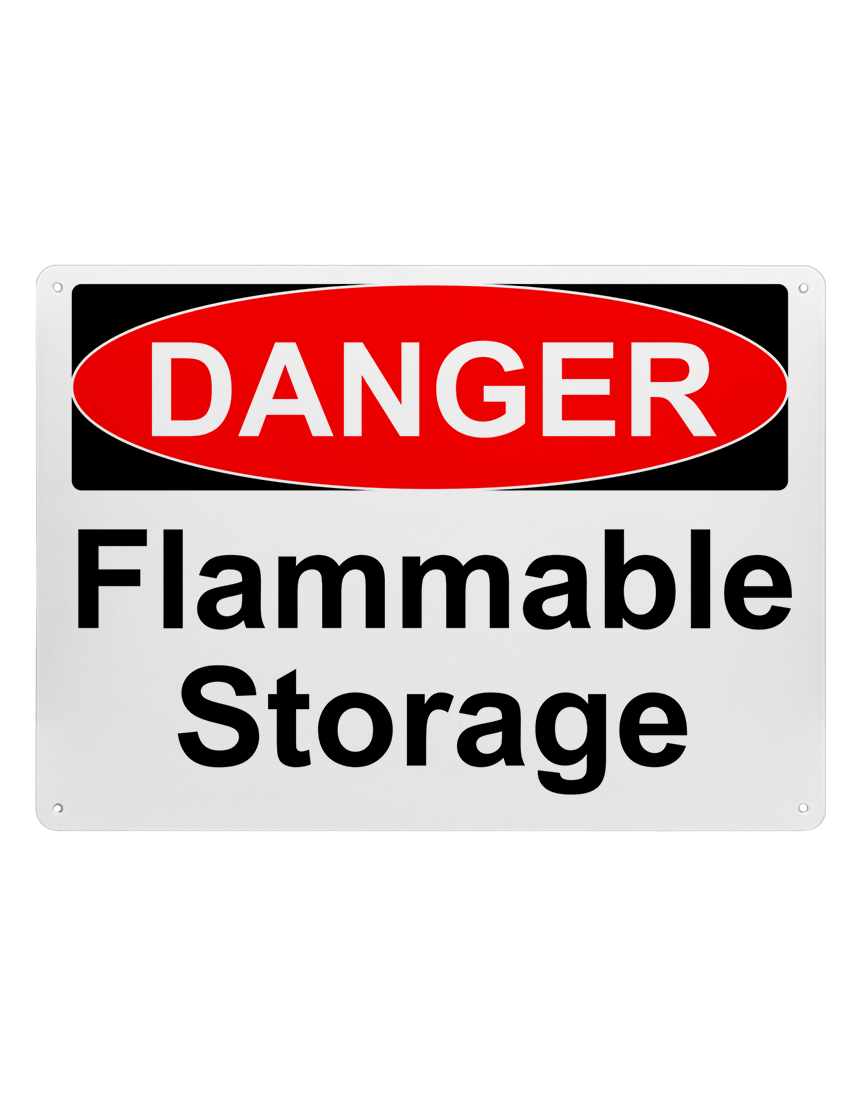 14\" tall x 10\" wide plastic sign with mounting holes, Danger Flammable Storage