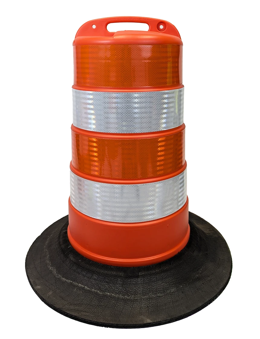 Traffic Channelizer Drum w/ 6 in HI reflective sheeting \u0026 tire ring base