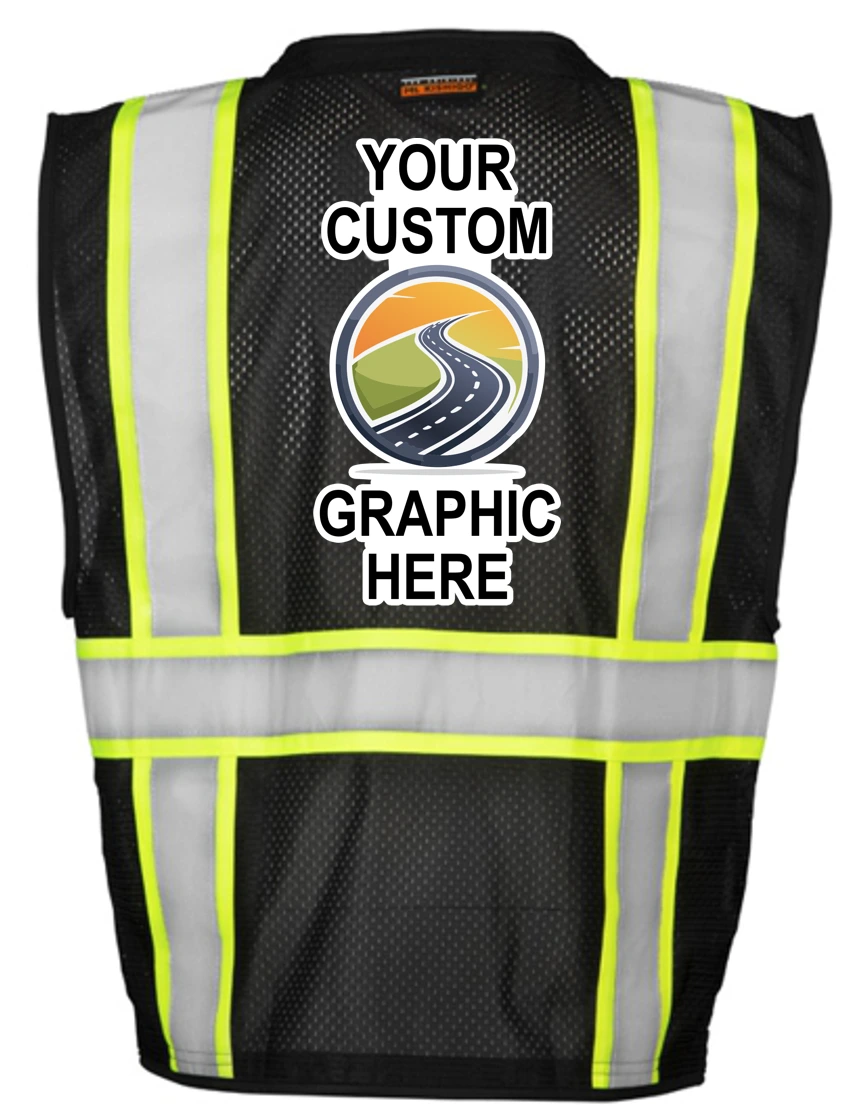 Black/Lime, Enhanced Visibility Multi Pocket Mesh Vest, 4Xl-5Xl w/ Full Color Graphic