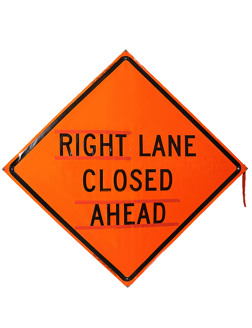 48\", Heavy Duty, Non-Reflective Roll Up Sign w/ Velcro For Overlays, Right Lane Closed Ahead