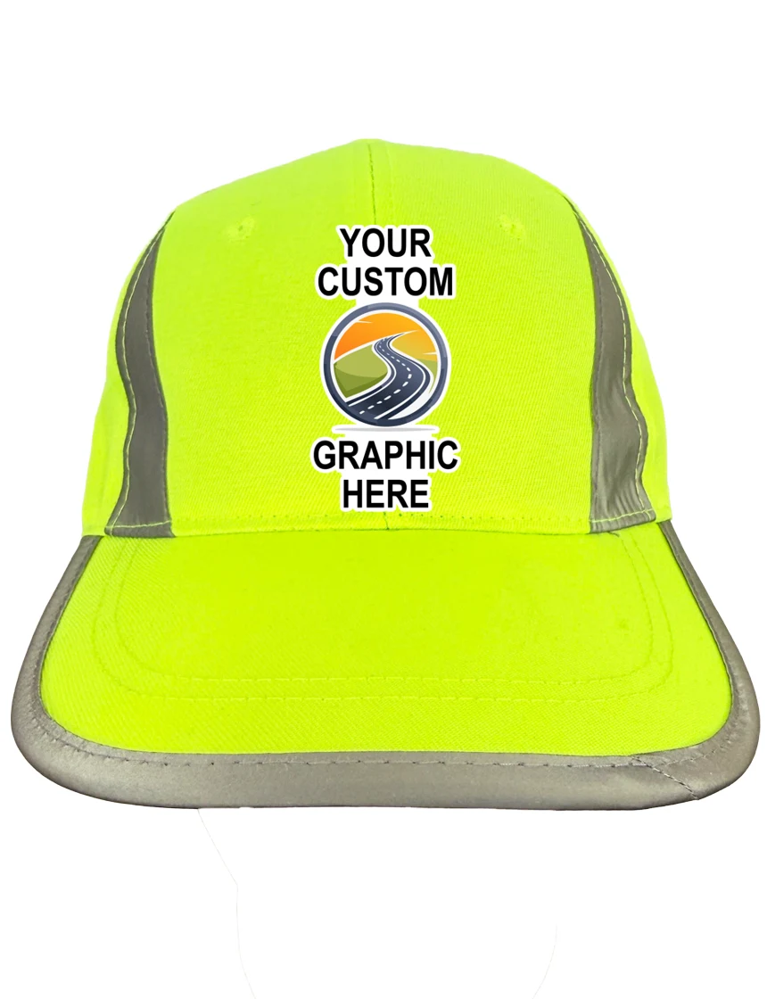 High Visibility Lime Baseball Cap with Reflective Trim with Custom Full Color Graphic