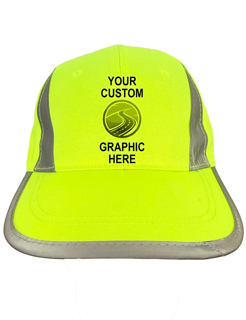High Visibility Lime Baseball Cap with Reflective Trim with Custom Single Color Graphic