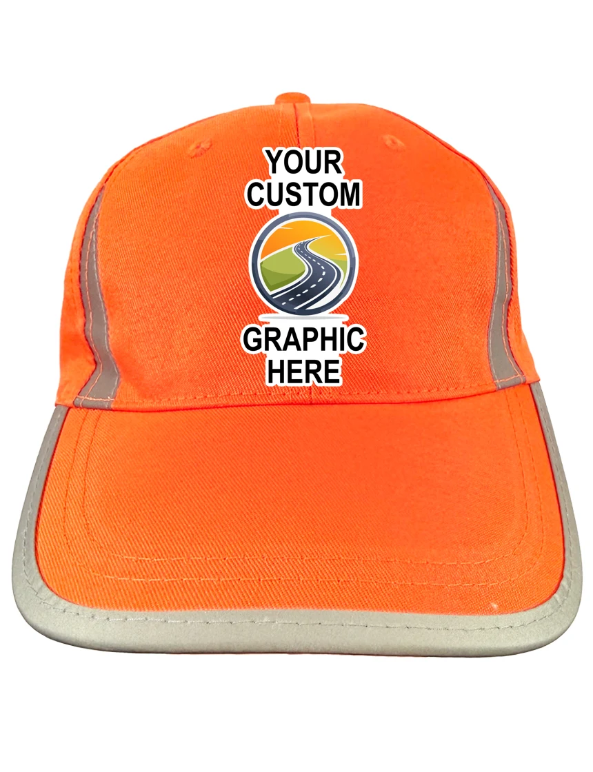High Visibility Orange Baseball Cap with Reflective Trim with Custom Full Color Graphic