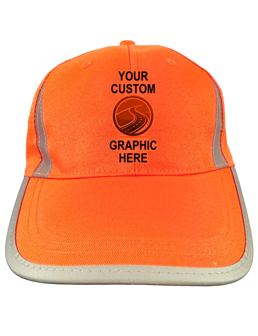 High Visibility Orange Baseball Cap with Reflective Trim with Custom Single Color Graphic