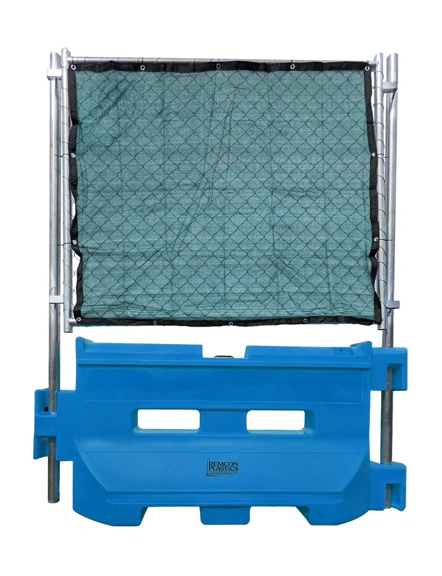 Bright Blue 36\" Construction Barricade w/ One Pro Fence Fence Panel w/ Green Privacy Screen