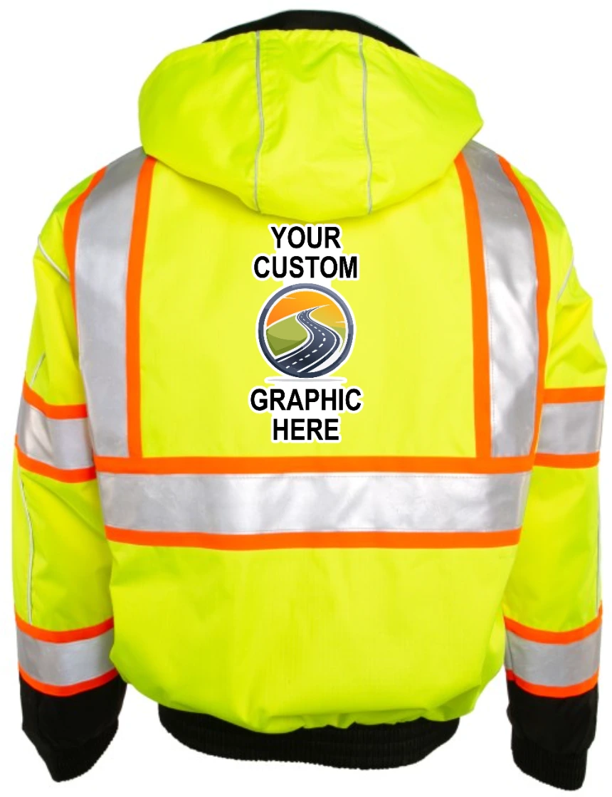 Kishigo, Premium Brilliant Series, Lime, Class 3 \"Bomber Jacket\", Size: Large with Custom Full Color Graphic