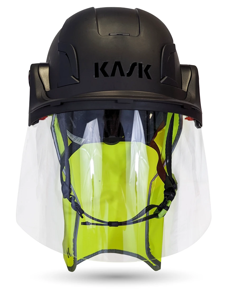 Black KASK Zenith X2 ANSI Safety Helmet with Full-Face Shield \u0026 Brim Kit (Clear) \u0026 10\" Neck Protector (Yellow Fluorescent)