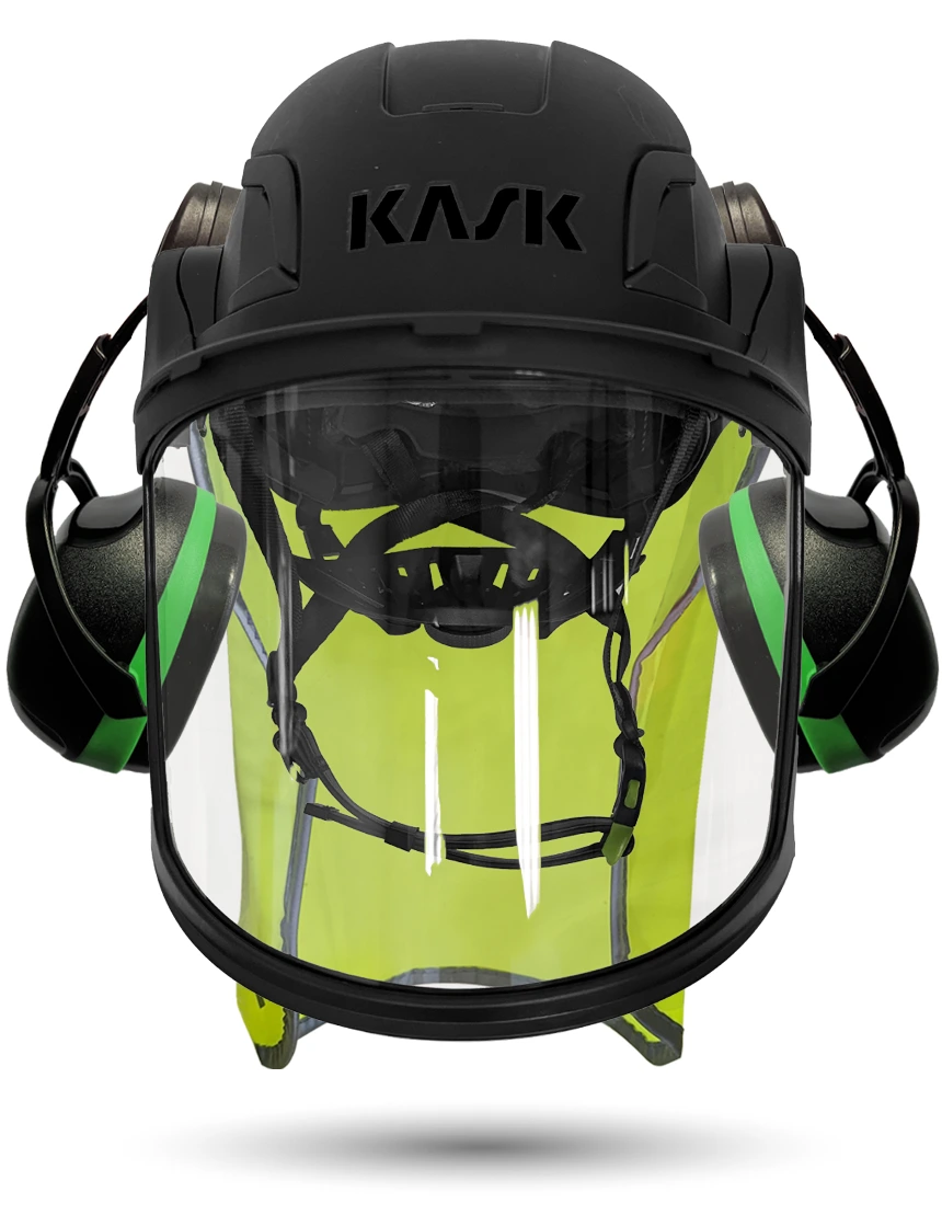 Black KASK Zenith X2 ANSI Safety Helmet with Full-Face Visor Kit (Clear) \u0026 Green Ear Muffs (Low to Medium Noise Reduction - 23-25 dB) \u0026 10\" Neck Protector (Yellow Fluorescent)