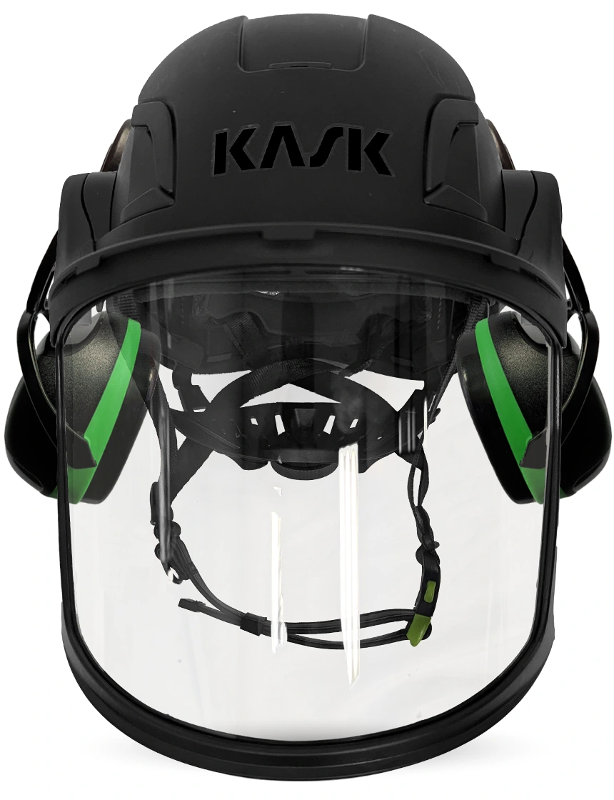 Black KASK Zenith X2 ANSI Safety Helmet with Full-Face Visor Kit (Clear) \u0026 Green Ear Muffs (Low to Medium Noise Reduction - 23-25 dB)