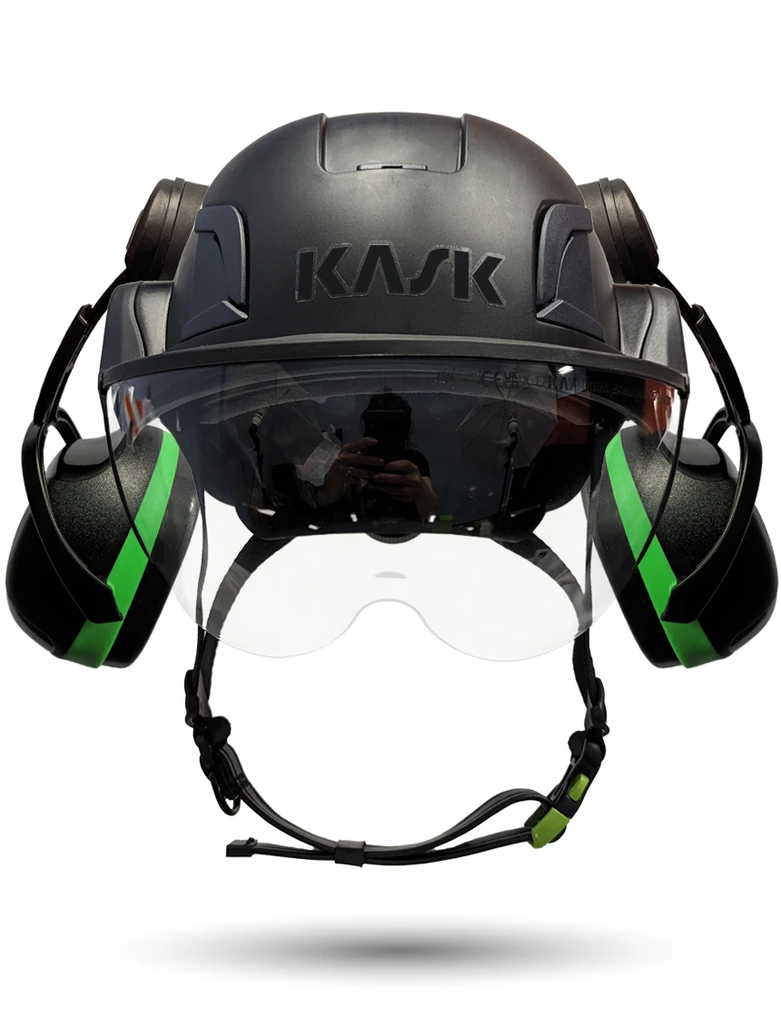 Black KASK Zenith X2 ANSI Safety Helmet with Half-Face Visor Kit (Clear) \u0026 Green Ear Muffs (Low to Medium Noise Reduction - 23-25 dB)