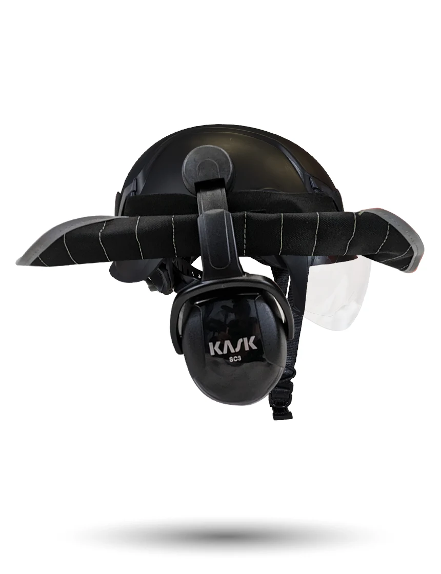 Black KASK Zenith X2 ANSI Safety Helmet with Half-Face Visor Kit (Clear) \u0026 Orange Ear Muffs (High Noise Reduction - 29-31 dB) \u0026 360-degree Sun Shield (Anthracite Gray)