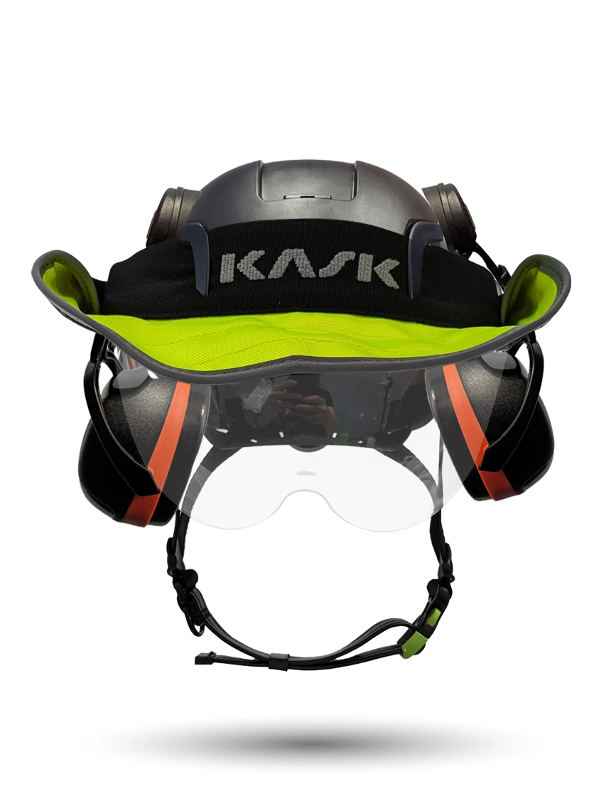 Black KASK Zenith X2 ANSI Safety Helmet with Half-Face Visor Kit (Clear) \u0026 Orange Ear Muffs (High Noise Reduction - 29-31 dB) \u0026 360-degree Sun Shield (Yellow Fluorescent)