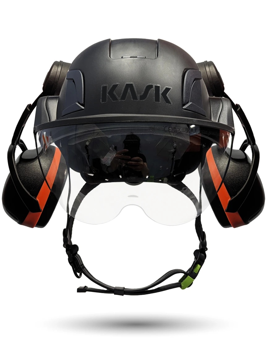 Black KASK Zenith X2 ANSI Safety Helmet with Half-Face Visor Kit (Clear) \u0026 Orange Ear Muffs (High Noise Reduction - 29-31 dB)