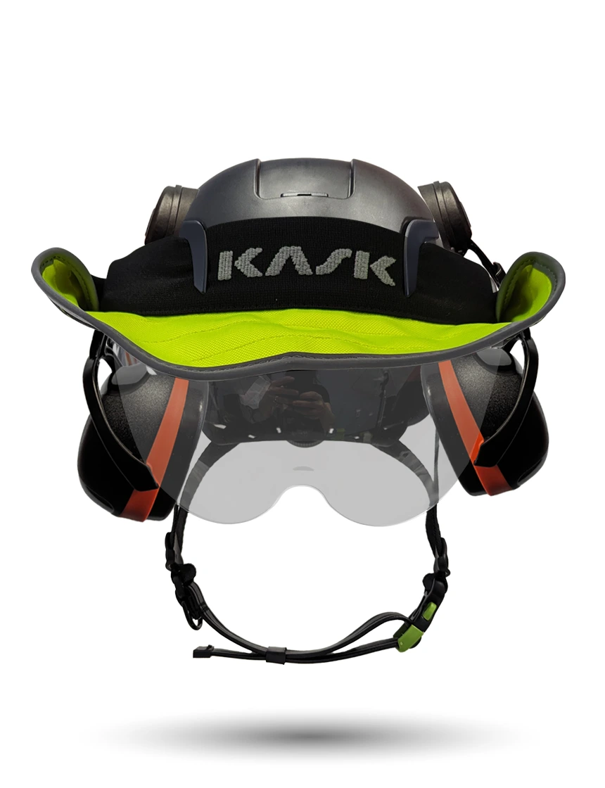 Black KASK Zenith X2 ANSI Safety Helmet with Half-Face Visor Kit (Silver Mirror) \u0026 Orange Ear Muffs (High Noise Reduction - 29-31 dB) \u0026 360-degree Sun Shield (Yellow Fluorescent)