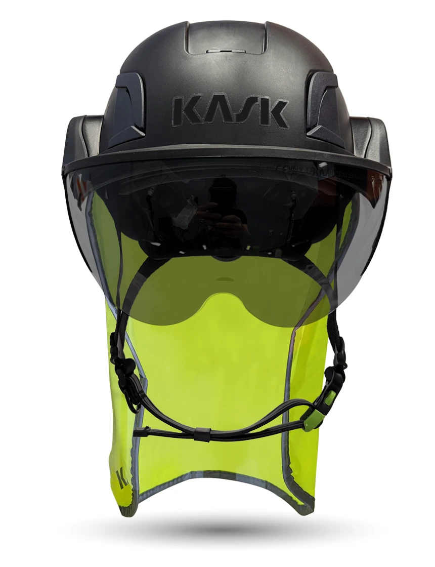 Black Kask Zenith X2 ANSI Class E Safety Helmet w/ Half Face Visor Kit (Smoke) \u0026 10\" Neck Protector (Yellow Fluorescent)