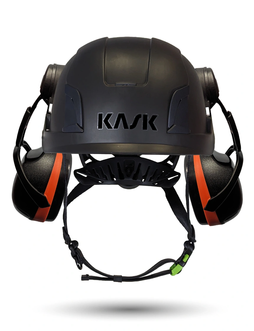 Black KASK Zenith X2 ANSI Safety Helmet with Orange Ear Muffs (High Noise Reduction - 29-31 dB)