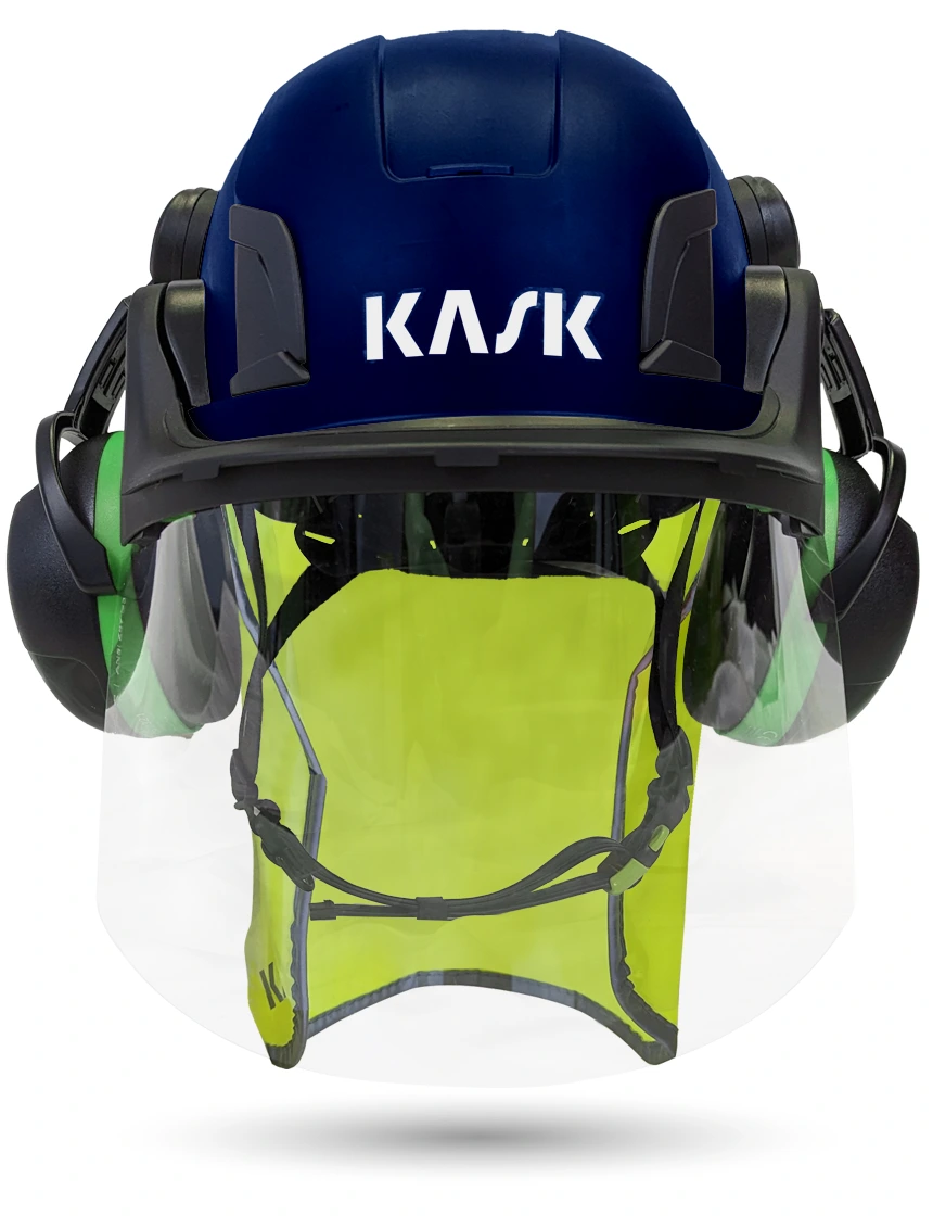 Blue Kask Zenith X2 ANSI Safety Helmet with Full-Face Shield \u0026 Brim Kit (Clear) \u0026 Green Ear Muffs (Low to Medium Noise Reduction - 23-25 dB) \u0026 10\" Neck Protector (Yellow Fluorescent)