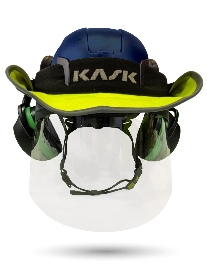 Blue Kask Zenith X2 ANSI Safety Helmet with Full-Face Shield \u0026 Brim Kit (Clear) \u0026 Orange Ear Muffs (High Noise Reduction - 29-31 dB) \u0026 360-degree Sun Shield (Yellow Fluorescent)