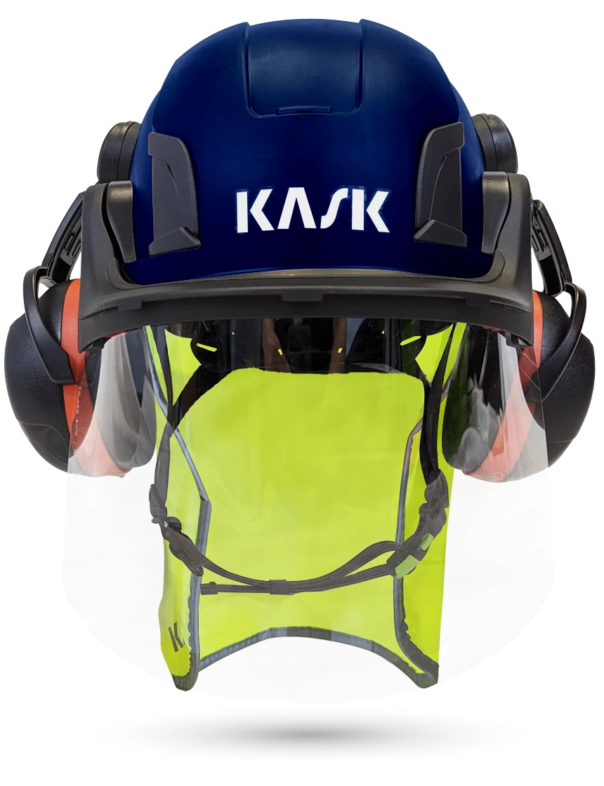 Blue Kask Zenith X2 ANSI Safety Helmet with Full-Face Shield \u0026 Brim Kit (Clear) \u0026 Orange Ear Muffs (High Noise Reduction - 29-31 dB) \u0026 10\" Neck Protector (Yellow Fluorescent)