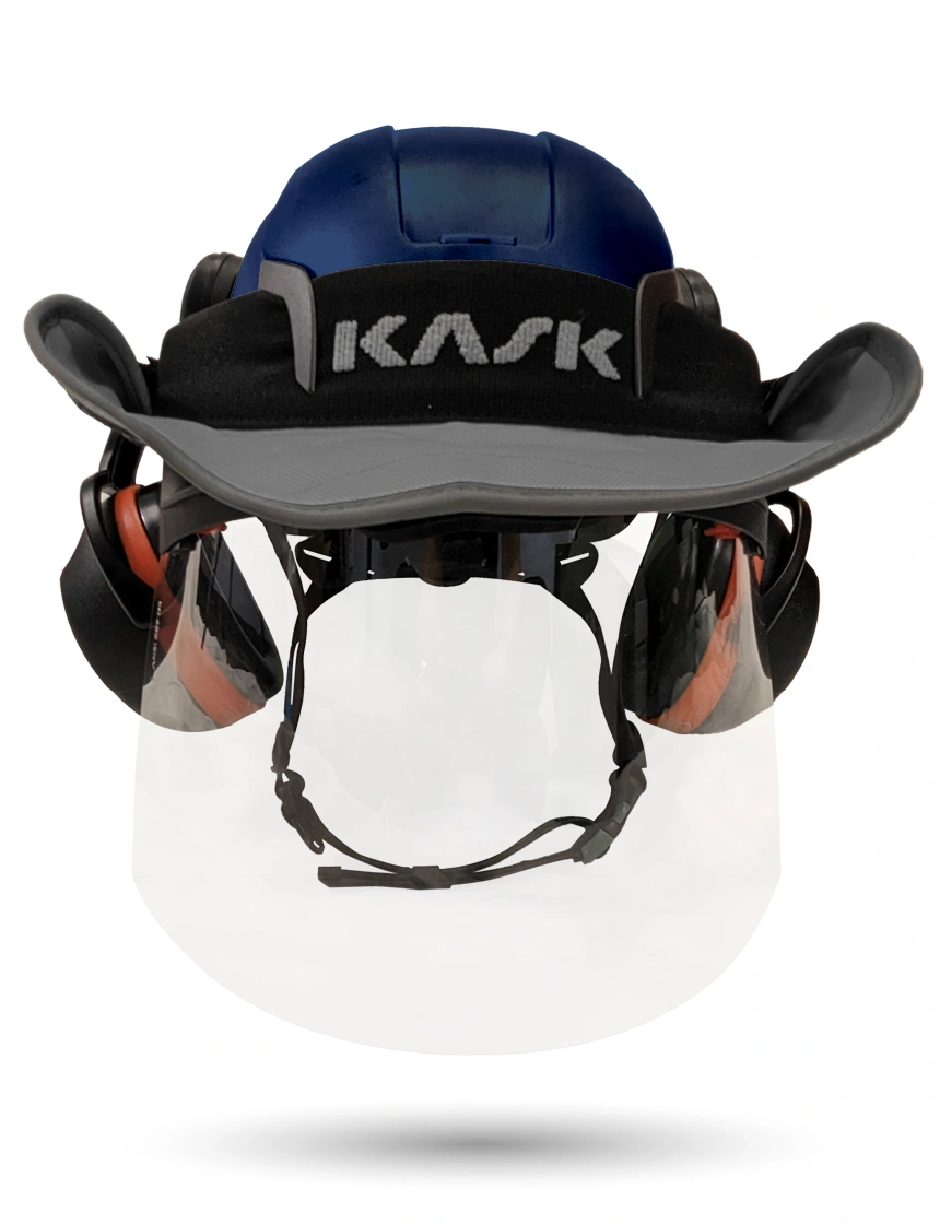 Blue Kask Zenith X2 ANSI Safety Helmet with Full-Face Shield \u0026 Brim Kit (Clear) \u0026 Orange Ear Muffs (High Noise Reduction - 29-31 dB) \u0026 360-degree Sun Shield (Anthracite Gray)