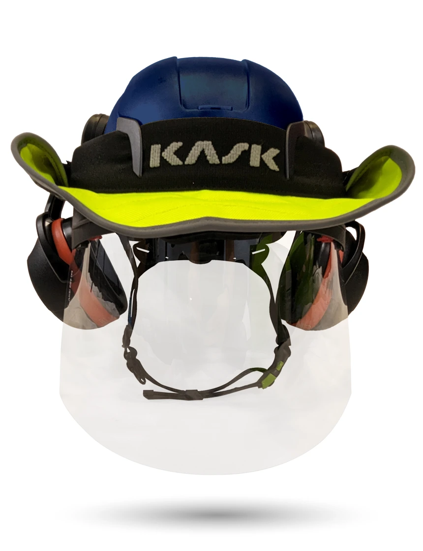 Blue Kask Zenith X2 ANSI Safety Helmet with Full-Face Shield \u0026 Brim Kit (Clear) \u0026 Orange Ear Muffs (High Noise Reduction - 29-31 dB) \u0026 360-degree Sun Shield (Yellow Fluorescent)