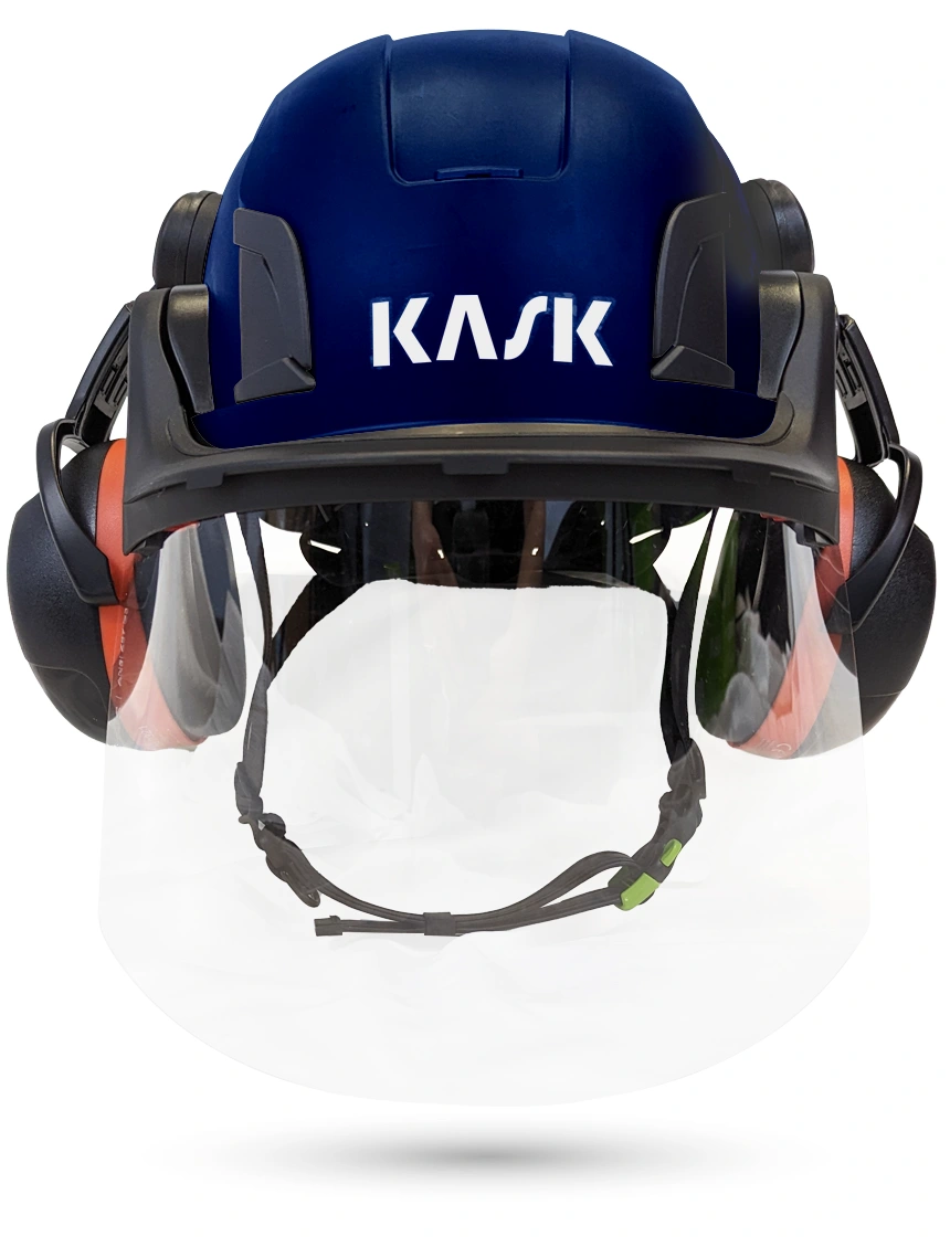 Blue Kask Zenith X2 ANSI Safety Helmet with Full-Face Shield \u0026 Brim Kit (Clear) \u0026 Orange Ear Muffs (High Noise Reduction - 29-31 dB)