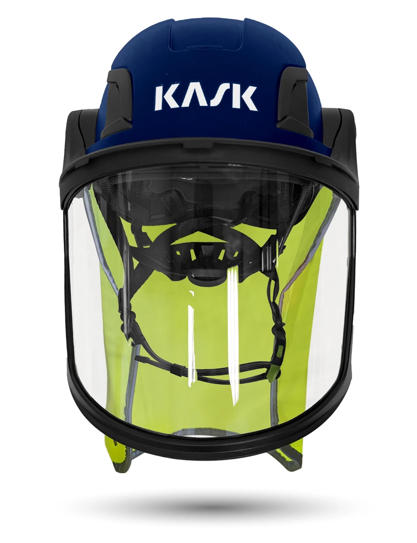 Blue Kask Zenith X2 ANSI Safety Helmet with Full-Face Visor Kit (Clear) \u0026 10\" Neck Protector (Yellow Fluorescent)
