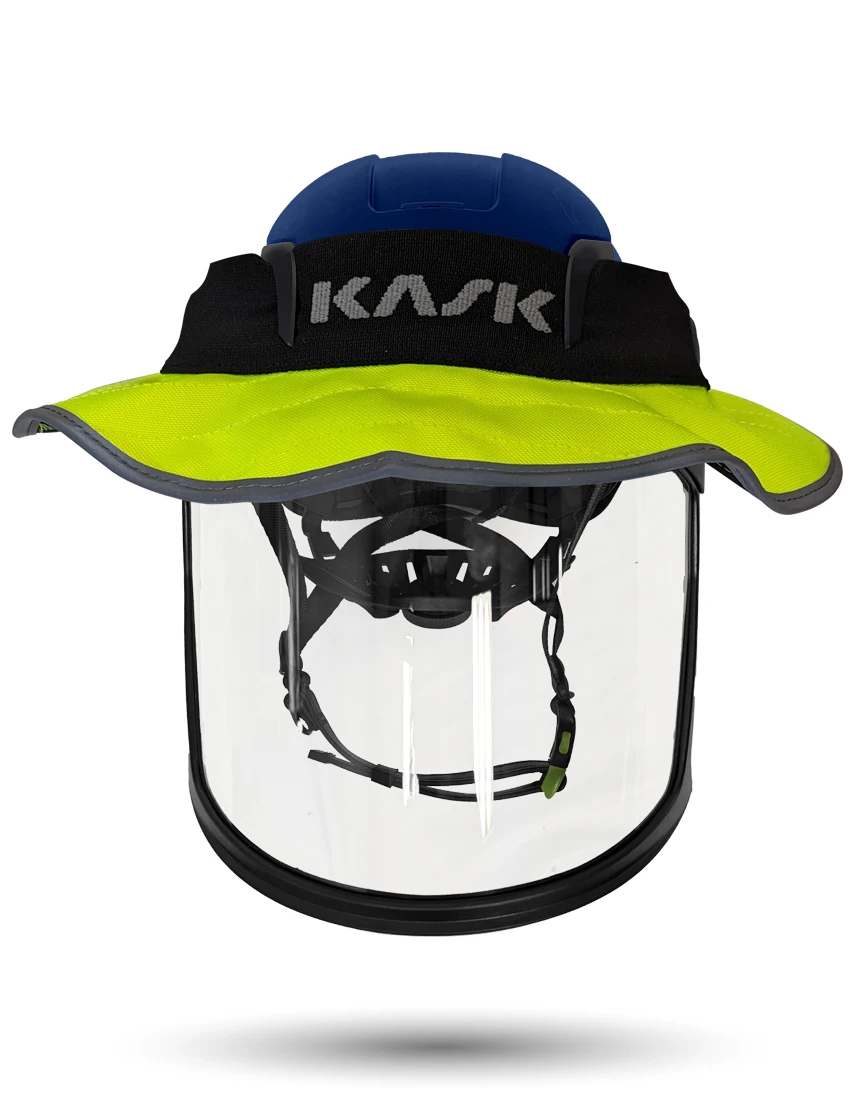Blue Kask Zenith X2 ANSI Safety Helmet with Full-Face Visor Kit (Clear) \u0026 360-degree Sun Shield (Yellow Fluorescent)