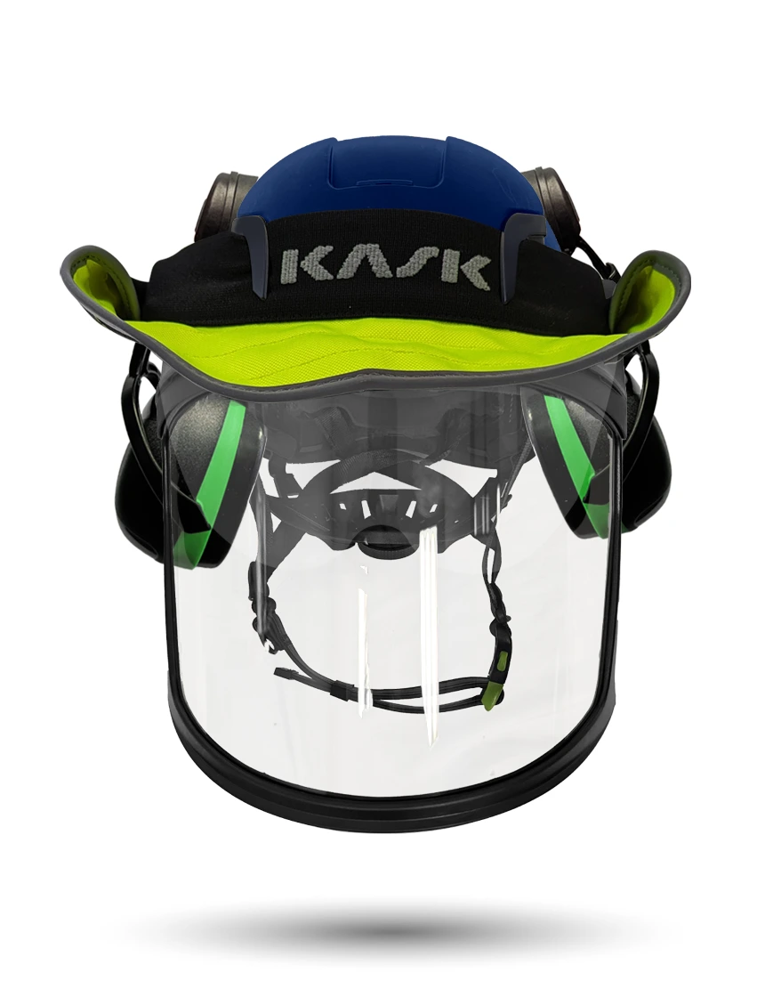 Blue Kask Zenith X2 ANSI Safety Helmet with Full-Face Visor Kit (Clear) \u0026 Orange Ear Muffs (High Noise Reduction - 29-31 dB) \u0026 360-degree Sun Shield (Yellow Fluorescent)