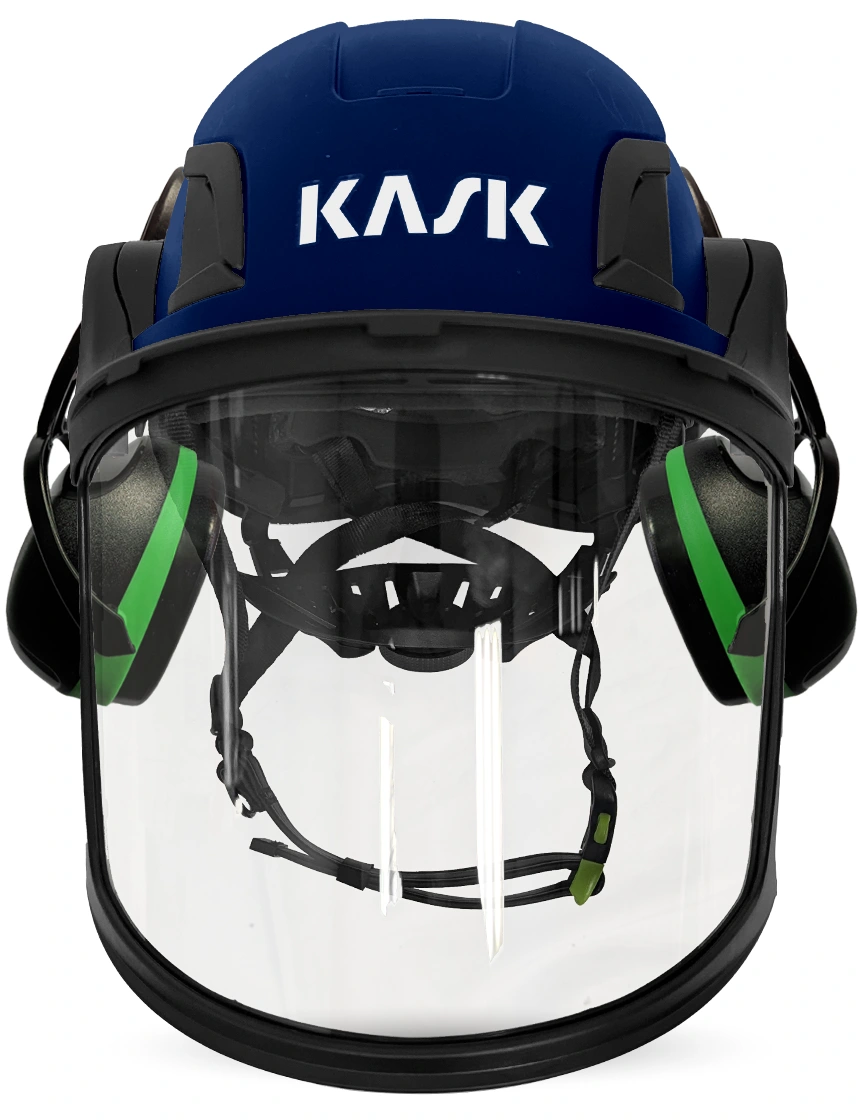Blue Kask Zenith X2 ANSI Safety Helmet with Full-Face Visor Kit (Clear) \u0026 Green Ear Muffs (Low to Medium Noise Reduction - 23-25 dB)