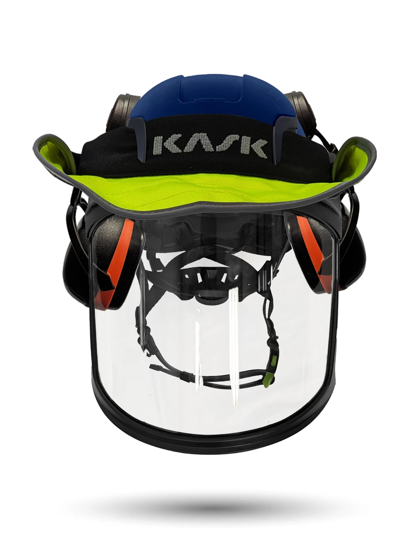 Blue Kask Zenith X2 ANSI Safety Helmet with Full-Face Visor Kit (Clear) \u0026 Orange Ear Muffs (High Noise Reduction - 29-31 dB) \u0026 360-degree Sun Shield (Yellow Fluorescent)